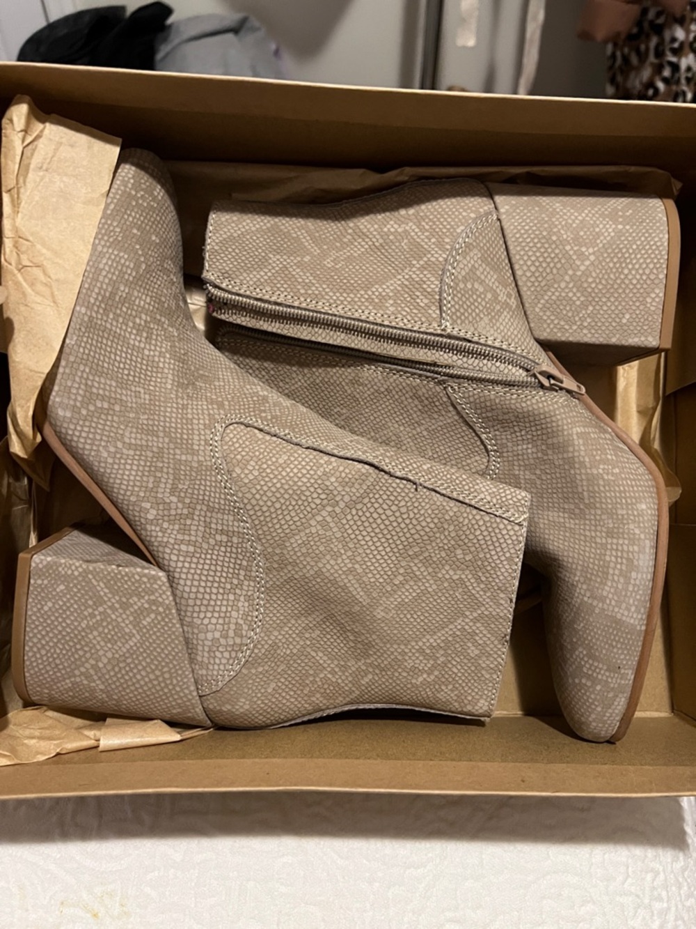 Lucky Brand Taupe Snake-Print Ankle Booties with Block Heel